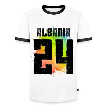 Albania 24 Shirt 2024 - Men's Ringer Shirt - white/black - Front - AI Model Female 172 light (172cm) & AI Model Male 178 dark (178cm)
