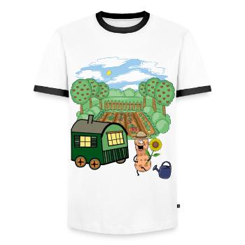 Construction Trailer, Gardener, Peanut, Vegetable, Flowers - Men's Ringer Shirt - white/black - Front - AI Model Female 172 light (172cm) & AI Model Male 178 dark (178cm)