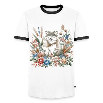 Cottagecore raccoon with book in flowers - Men's Ringer Shirt - white/black - Front - AI Model Female 172 light (172cm) & AI Model Male 178 dark (178cm)