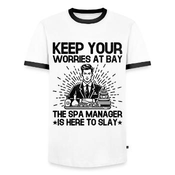 Gestionnaire de SPA Emploi Bien-être Drôle Gestion de SPA Sayi - T-shirt contrasté Homme - blanc/noir - Devant - AI Model Female 172 light (172cm) & AI Model Male 178 dark (178cm)