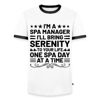 Gestionnaire de SPA Emploi Bien-être Drôle Gestion de SPA Sayi - T-shirt contrasté Homme - blanc/noir - Devant - AI Model Female 172 light (172cm) & AI Model Male 178 dark (178cm)