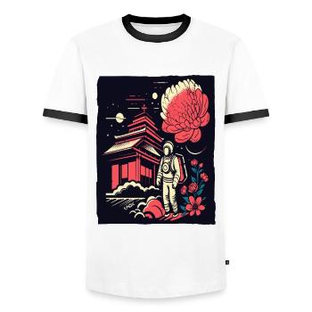 Astronaute devant un temple japonais avec des fleurs - T-shirt contrasté Homme - blanc/noir - Devant - AI Model Female 172 light (172cm) & AI Model Male 178 dark (178cm)