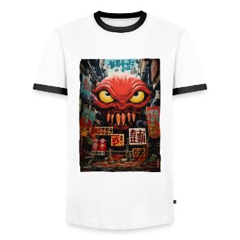 Japanese Asian Kaiju Alien Street Monster - Men's Ringer Shirt - white/black - Front - AI Model Female 172 light (172cm) & AI Model Male 178 dark (178cm)