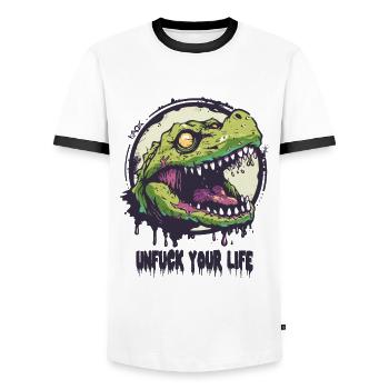 Ratschlag Alligator: Entf*cke dein Leben - Männer Kontrast-T-Shirt - Weiß/Schwarz - Vorne - AI Model Female 172 light (172cm) & AI Model Male 178 dark (178cm)