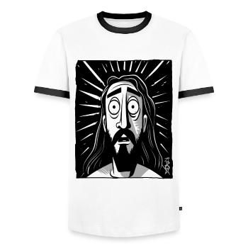Cartoon Jesus Man - Men's Ringer Shirt - white/black - Front - AI Model Female 172 light (172cm) & AI Model Male 178 dark (178cm)
