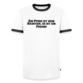 Équitation - Un cheval n’est pas un animal de compagnie, c’est un - T-shirt contrasté Homme - blanc/noir - Devant - AI Model Female 172 light (172cm) & AI Model Male 178 dark (178cm)