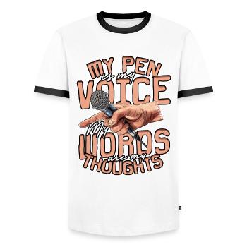 Poetry Slam Poetryslam My pen is my voice - Männer Kontrast-T-Shirt - Weiß/Schwarz - Vorne - AI Model Female 172 light (172cm) & AI Model Male 178 dark (178cm)