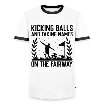 Footgolf Player Foot Golf Playing Footgolfers Foot - Men's Ringer Shirt - white/black - Front - AI Model Female 172 light (172cm) & AI Model Male 178 dark (178cm)