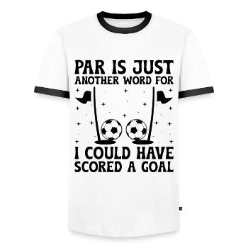 Footgolf Player Foot Golf Playing Footgolfers Foot - Men's Ringer Shirt - white/black - Front - AI Model Female 172 light (172cm) & AI Model Male 178 dark (178cm)