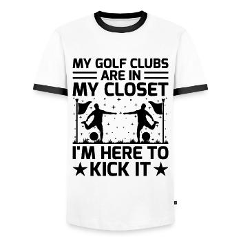 Footgolf Player Foot Golf Playing Footgolfers Foot - Men's Ringer Shirt - white/black - Front - AI Model Female 172 light (172cm) & AI Model Male 178 dark (178cm)