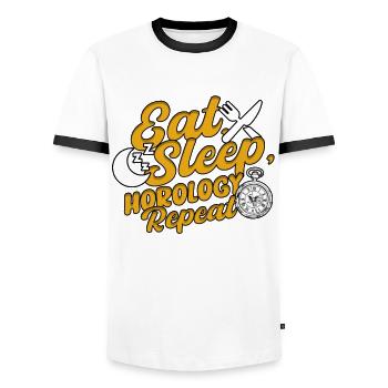 Horloger Manger, Dormir, Horlogerie, Répéter - T-shirt contrasté Homme - blanc/noir - Devant - AI Model Female 172 light (172cm) & AI Model Male 178 dark (178cm)