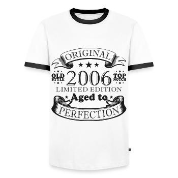 2006: Vintage - 18th anniversary - Men's Ringer Shirt - white/black - Front - AI Model Female 172 light (172cm) & AI Model Male 178 dark (178cm)