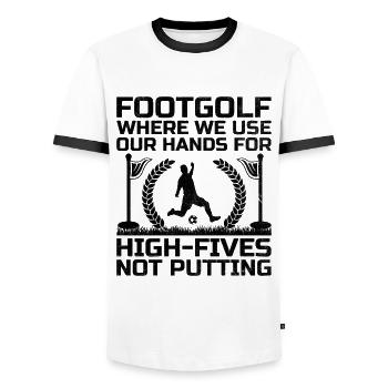 Footgolf Player Foot Golf Playing Footgolfers Foot - Men's Ringer Shirt - white/black - Front - AI Model Female 172 light (172cm) & AI Model Male 178 dark (178cm)