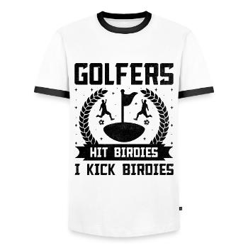 Footgolf Player Foot Golf Playing Footgolfers Foot - Men's Ringer Shirt - white/black - Front - AI Model Female 172 light (172cm) & AI Model Male 178 dark (178cm)