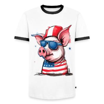 Pigtriotischer Patriot: Schwein der USA - Männer Kontrast-T-Shirt - Weiß/Schwarz - Vorne - AI Model Female 172 light (172cm) & AI Model Male 178 dark (178cm)