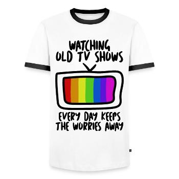 Télévision rétro des années 90 des années 80 - T-shirt contrasté Homme - blanc/noir - Devant - AI Model Female 172 light (172cm) & AI Model Male 178 dark (178cm)