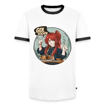 Delicious horny cooking with the anime chef - Men's Ringer Shirt - white/black - Front - AI Model Female 172 light (172cm) & AI Model Male 178 dark (178cm)