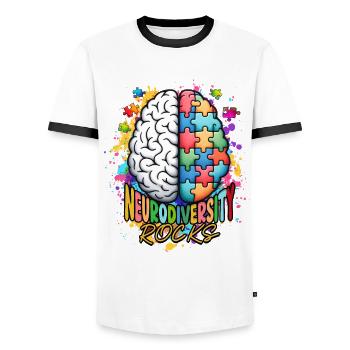 Autistic Autistic Autism Neurodiversity rocks - Men's Ringer Shirt - white/black - Front - AI Model Female 172 light (172cm) & AI Model Male 178 dark (178cm)