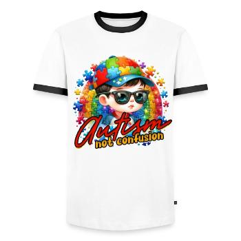 Autistic Autism Autism, not confusion - Men's Ringer Shirt - white/black - Front - AI Model Female 172 light (172cm) & AI Model Male 178 dark (178cm)