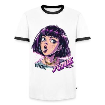 Coquine fille d’anime riche - T-shirt contrasté Homme - blanc/noir - Devant - AI Model Female 172 light (172cm) & AI Model Male 178 dark (178cm)