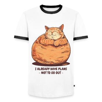 A very chubby, fat cat with a plan - Men's Ringer Shirt - white/black - Front - AI Model Female 172 light (172cm) & AI Model Male 178 dark (178cm)
