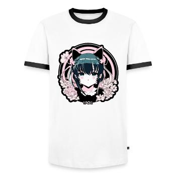 Emblème d’idole de fille d’anime super mignon - T-shirt contrasté Homme - blanc/noir - Devant - AI Model Female 172 light (172cm) & AI Model Male 178 dark (178cm)