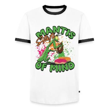 Gottesanbeterin Mantis État d’ - T-shirt contrasté Homme - blanc/noir - Devant - AI Model Female 172 light (172cm) & AI Model Male 178 dark (178cm)