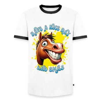 Cheval de dessin animé joyeux avec un grand sourire. - T-shirt contrasté Homme - blanc/noir - Devant - AI Model Female 172 light (172cm) & AI Model Male 178 dark (178cm)