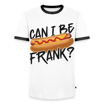 Hot Dog Adult Pun Can I Be Frank? - Men's Ringer Shirt - white/black - Front - AI Model Female 172 light (172cm) & AI Model Male 178 dark (178cm)