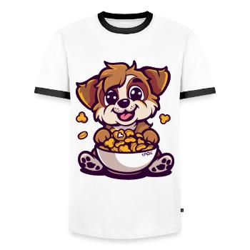 Bol de petit-déjeuner et un jeune chien mignon - T-shirt contrasté Homme - blanc/noir - Devant - AI Model Female 172 light (172cm) & AI Model Male 178 dark (178cm)