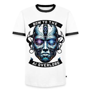 Bow to the AI Overlord - Cyborg Design. - Men's Ringer Shirt - white/black - Front - AI Model Female 172 light (172cm) & AI Model Male 178 dark (178cm)