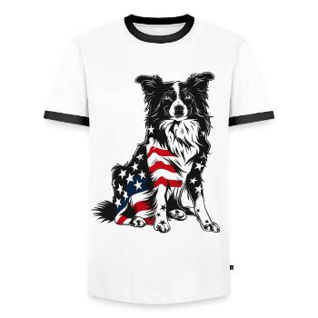 Border Collie Dog 4 juillet Drapeau américain Cadeaux - T-shirt contrasté Homme - blanc/noir - Devant - AI Model Female 172 light (172cm) & AI Model Male 178 dark (178cm)