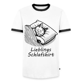Official Cat Sleep Shirt, Cat Pajamas - Men's Ringer Shirt - white/black - Front - AI Model Female 172 light (172cm) & AI Model Male 178 dark (178cm)