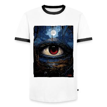 The blue-red eye of horror - Men's Ringer Shirt - white/black - Front - AI Model Female 172 light (172cm) & AI Model Male 178 dark (178cm)