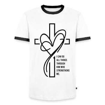I Can Do All Things Through Him Christen Gift - Men's Ringer Shirt - white/black - Front - AI Model Female 172 light (172cm) & AI Model Male 178 dark (178cm)