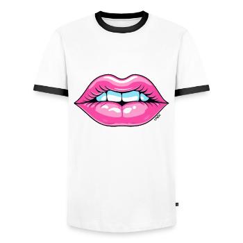 Une bouche aux lèvres roses comme un baiser - T-shirt contrasté Homme - blanc/noir - Devant - AI Model Female 172 light (172cm) & AI Model Male 178 dark (178cm)