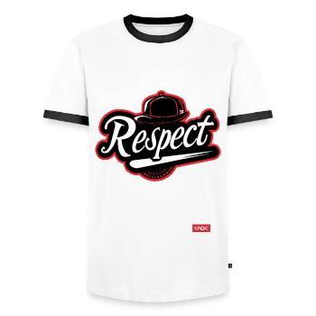 Parodie-Baseball Team: Respekt - Männer Kontrast-T-Shirt - Weiß/Schwarz - Vorne - AI Model Female 172 light (172cm) & AI Model Male 178 dark (178cm)