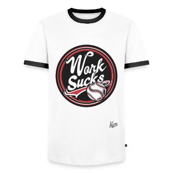 Work is annoying - Men's Ringer Shirt - white/black - Front - AI Model Female 172 light (172cm) & AI Model Male 178 dark (178cm)