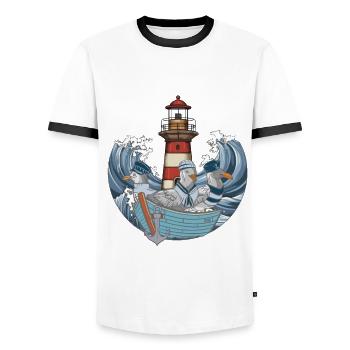 Seagulls Boat Shipping Lighthouse Waves Sea - Men's Ringer Shirt - white/black - Front - AI Model Female 172 light (172cm) & AI Model Male 178 dark (178cm)