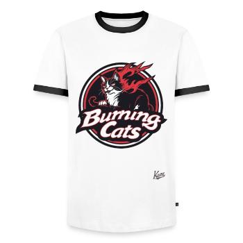 Mascot Cat Parody: Burning Cats - Men's Ringer Shirt - white/black - Front - AI Model Female 172 light (172cm) & AI Model Male 178 dark (178cm)