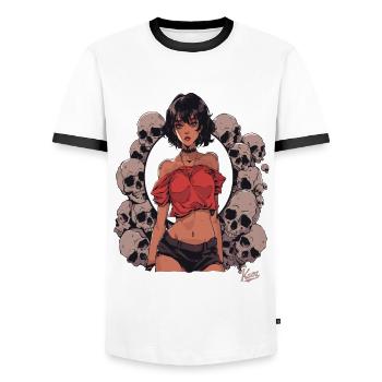 cool beautiful young woman and pile of skulls - Men's Ringer Shirt - white/black - Front - AI Model Female 172 light (172cm) & AI Model Male 178 dark (178cm)