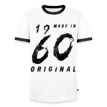 Made In 1960's Original Birthday Grunge Distressed - Men's Ringer Shirt - white/black - Front - AI Model Female 172 light (172cm) & AI Model Male 178 dark (178cm)