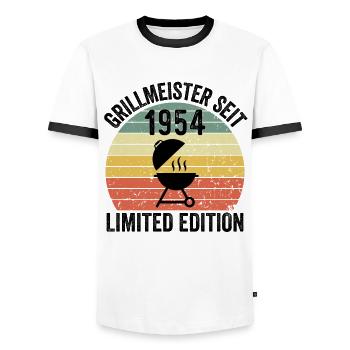 70th Birthday - Grillmeister since 1954 - Men's Ringer Shirt - white/black - Front - AI Model Female 172 light (172cm) & AI Model Male 178 dark (178cm)