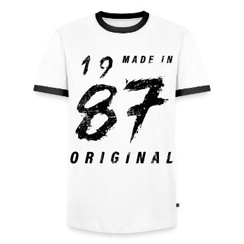 Made In 1987 Original Birthday Grunge Distressed - Men's Ringer Shirt - white/black - Front - AI Model Female 172 light (172cm) & AI Model Male 178 dark (178cm)