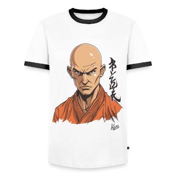 Faux moine Shaolin : Parodie d’arts martiaux - T-shirt contrasté Homme - blanc/noir - Devant - AI Model Female 172 light (172cm) & AI Model Male 178 dark (178cm)