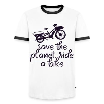 Save The Planet Cargo Bike Cargo Bike - Men's Ringer Shirt - white/black - Front - AI Model Female 172 light (172cm) & AI Model Male 178 dark (178cm)