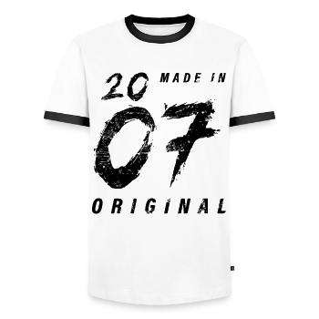 Made In 2007 Original Birthday Grunge Distressed - Men's Ringer Shirt - white/black - Front - AI Model Female 172 light (172cm) & AI Model Male 178 dark (178cm)