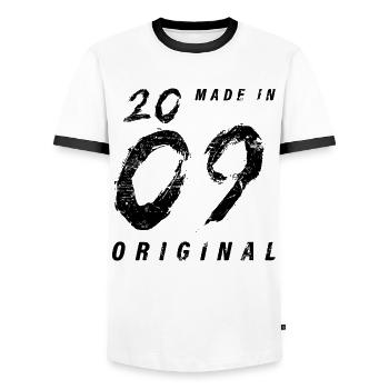 Made In 2009 Original Birthday Grunge Distressed - Men's Ringer Shirt - white/black - Front - AI Model Female 172 light (172cm) & AI Model Male 178 dark (178cm)