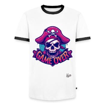 Skull Pirate: Game Over - Men's Ringer Shirt - white/black - Front - AI Model Female 172 light (172cm) & AI Model Male 178 dark (178cm)