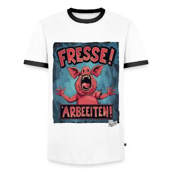 The sow the crazy pig - keep your mouth shut, work - Men's Ringer Shirt - white/black - Front - AI Model Female 172 light (172cm) & AI Model Male 178 dark (178cm)